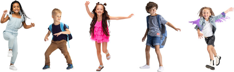 Children expressing joyful dance moves, wearing trendy clothes isolated on transparent background....