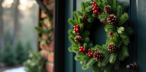 Dark green & gold wreath, pine cones, berries, cozy cabin door , pine, door