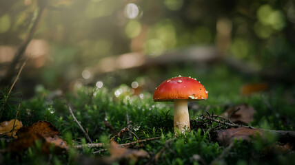 Enchanting fly agaric mushroom in mossy forest magic nature beauty thrives