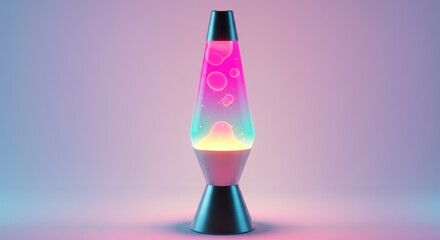 A lava lamp with pink and blue wax floating inside on a gradient pink and blue background studio shot