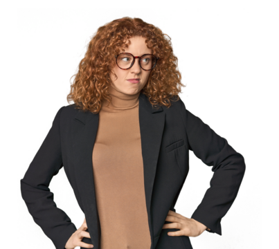 Young Caucasian redhead in business attire confused, feels doubtful and unsure.