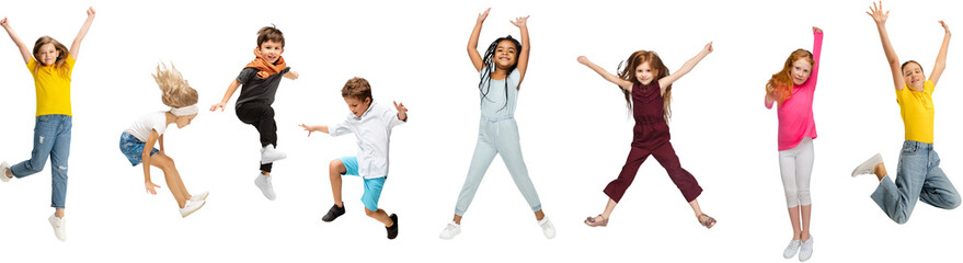 Group of kids in casual clothing jumping with expressive faces, showing joy isolated on transparent...