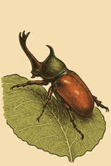 Illustration of Rhinoceros Beetle Resting on a Large Green Leaf