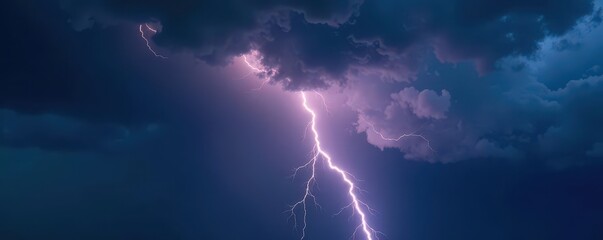 Fototapeta premium Jagged lightning bolt cuts through dark, brooding sky; heavy clouds amass , heavy clouds, night sky, nature photography