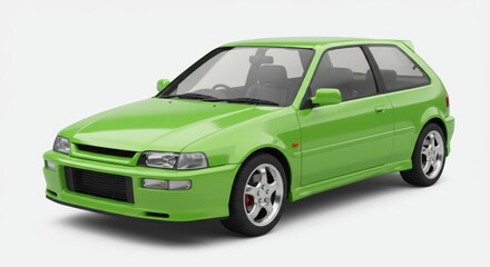 A bright green hatchback car with custom body kit on a white background in a studio setting