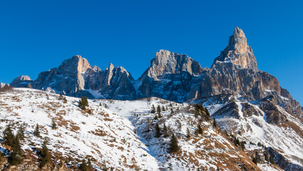 Beautiful winter view of Passo Rolle in San Martino di Castrozza