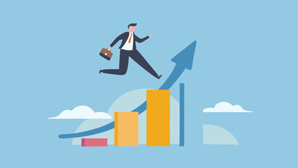 Businessman leaping towards growth ambitious jump on upward trending bar graph achieving success