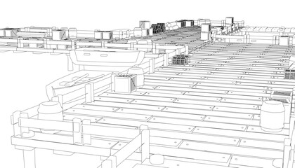 Vector illustration of a wooden pier with many moored boats.