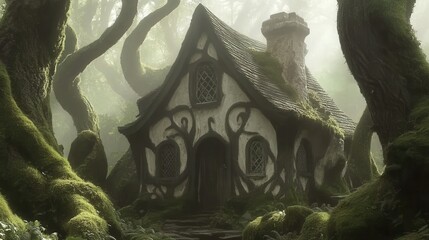 Fototapeta premium Enchanted forest cottage home enveloped by ethereal light and ancient trees fairytale dwelling in magical misty woodland scenery