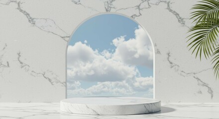 Round Marble Podium with Sky Background and Palm Leaf Accent