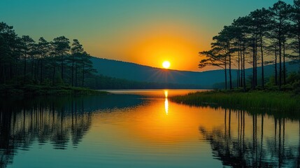 Naklejka premium Sunrise over serene lake with pine trees