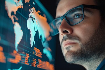 Focused man analyzing data on a digital world map. Business growth leadership and globalization concept.