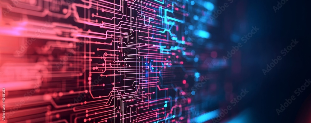Poster abstract digital circuit design with vibrant colors and glowing elements. digital marketing automati