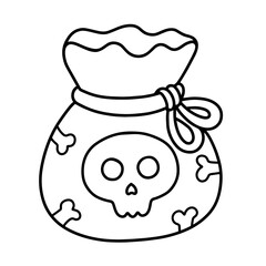 candy or coin bag for Día de los Muertos with a skull and bone decorations, tied with a ribbon. Mexican Day of the Dead, children’s treats