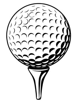 golf ball with dimpled surface placed on a tee. golfing sport, outdoor recreation, precision play,  athletic competition