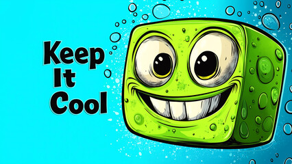 Cheerful cartoon character green ice cube with smiling face and keep it cool text on blue background