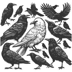 Obraz premium rare white crow surrounded by black crows, symbolizing uniqueness, nonconformity, and standing out from the crowd sketch engraving generative ai raster illustration. Scratch board. Black and white.