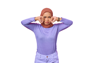 Portrait of sad young Asian woman crying isolated on transparent background