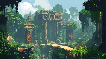 Ancient Ruins in Lush Jungle: A mysterious ancient temple structure, overgrown with dense vegetation and draped in mist, stands as a testament to a bygone civilization.