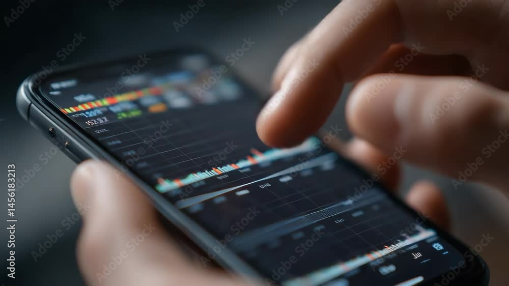 Poster stock market economy startup concept with hand using smartphone showing financial graph and data ana