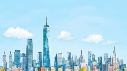 Vibrant Skyline Painted Cityscape with Modern High-Rise Buildings and Tranquil Cloudy Skies Urban Dream in Watercolor Style