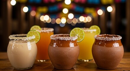 Refreshing Drinks with Lime and Salt Rim on Wood Surface