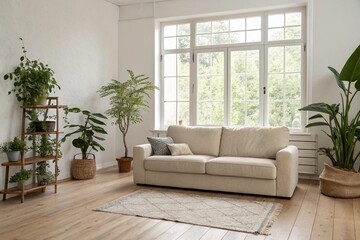 Minimalist living room interior with beige sofa, wooden floor, large window, and indoor plants, natural daylight