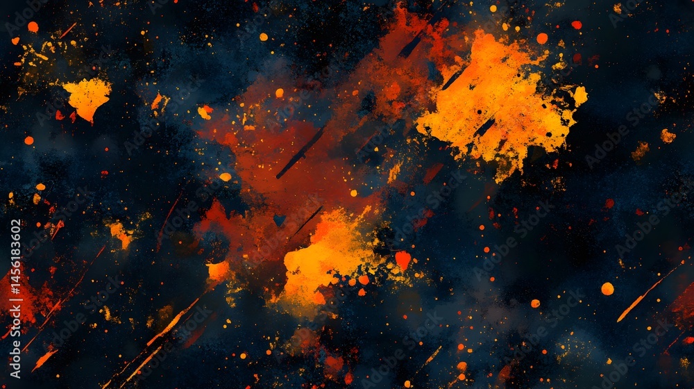 Poster vibrant splatter patterns of orange and red on a dark backdrop.