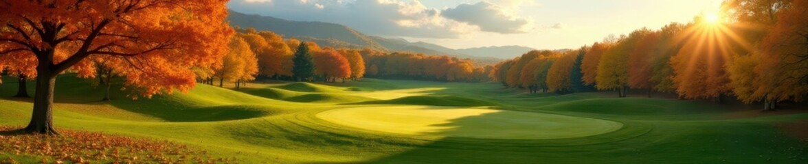Naklejka premium Golden leaves, rolling hills, autumn golf course , game, golf