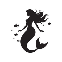 Elegant Mermaid Silhouette with Flowing Hair and Swimming Fish in Black and White