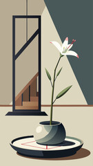 A white flower is in a green pot on a table. The flower is surrounded by a triangle and a bowl. Concept of calm and serenity, as the white flower is the focal point and the green pot