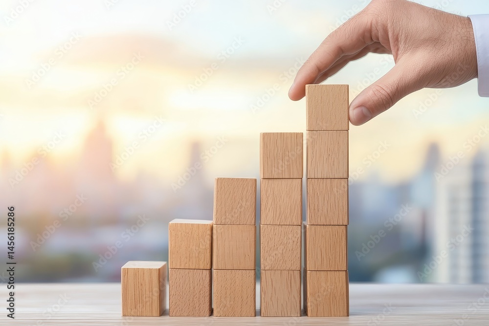Poster hand placing wooden blocks in an ascending pattern against a city backdrop. business growth globaliz