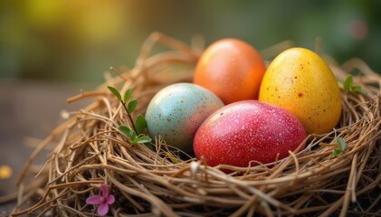 Fototapeta premium Vibrant dyed eggs nestled in straw, spring colors , pastel, dyed eggs, celebration