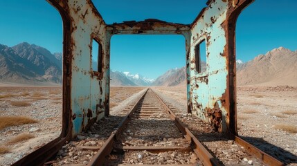 This captivating image features an open view from an abandoned blue railway structure, giving a sense of endless landscape towards majestic mountains under a clear sky.