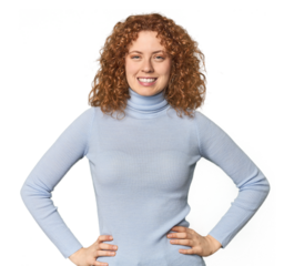 Young Caucasian redhead woman confident keeping hands on hips.