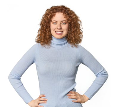 Young Caucasian redhead woman confident keeping hands on hips.
