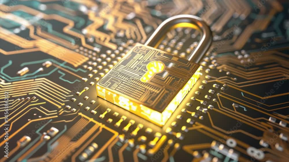 Poster a close-up view of a digital padlock on a circuit board, symbolizing cybersecurity and digital prote
