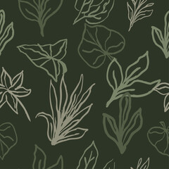 Hand Drawn Herbal Leaves Seamless Pattern – Dark Green