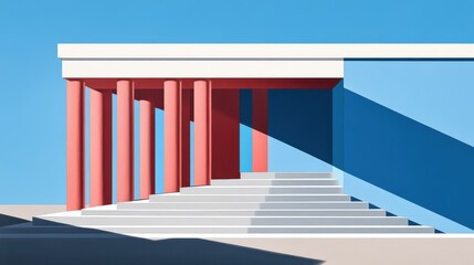 Fototapeta premium Abstract minimalist building facade with pillars in geometric style evokes modern design and architectural simplicity on sunny day