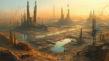 Obraz premium Dystopian future cityscape painting with soaring towers in an ochre color palette offering a sense of decaying futuristic dreams