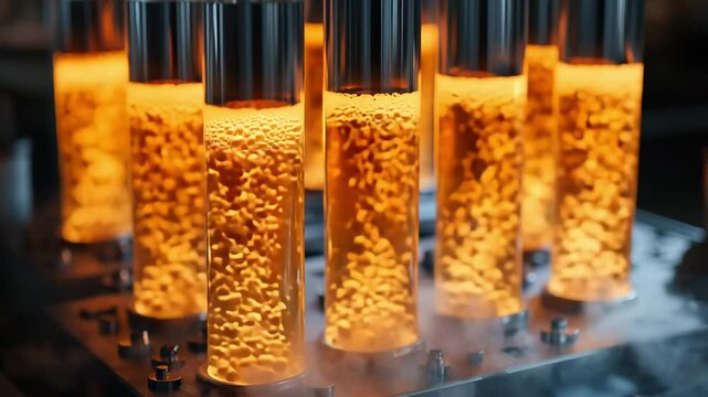 Close-up view of bubbling renewable propane distillation tubes, glowing bright orange, surrounded by soft steam, capturing a cinematic and futuristic look inside a sustainable fuel processing lab.