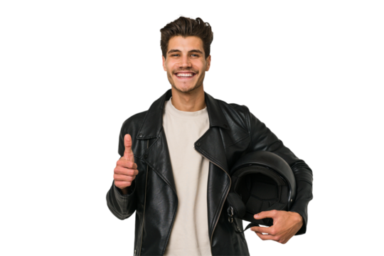 Young caucasian man holding a motrbike black helmet isolated smiling and raising thumb up