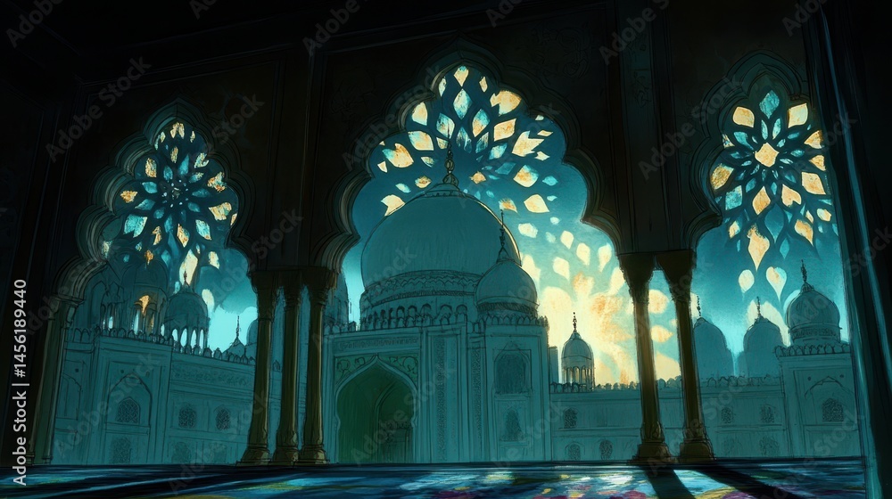 Poster mystical taj mahal view through intricate arches mesmerizing glimpse of india's architectural wonder