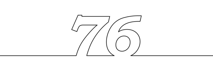 A single line drawing of a seventy six symbol. One line icon. Continuous line seventy sixth number icon. Simple black outline of the number 76. Vector illustration