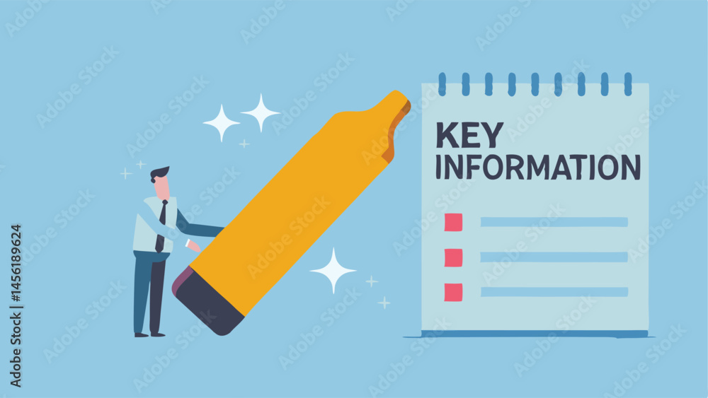 Poster businessman highlights key information on a notepad using a giant pencil simple design flat style
