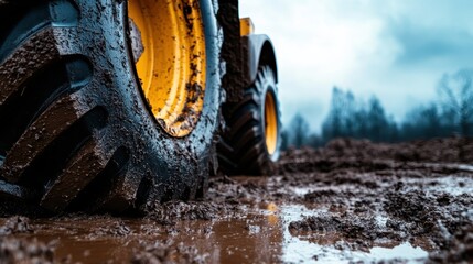 This close-up image shows a heavy machinery tire deep in mud, capturing the ruggedness and practicality of construction equipment in challenging environments.