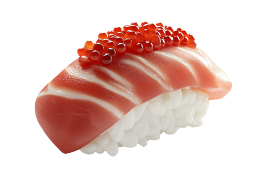 Salmon nigiri sushi with bright red roe, isolated on white transparent background, concept of traditional Japanese cuisine
