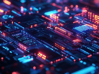 Obraz premium Abstract circuit board glowing with red and blue light
