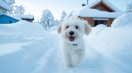 A cheerful fluffy dog is running through a beautiful winter landscape covered in fresh snow, showcasing the joy and playfulness that snowy days bring to pets and humans alike.