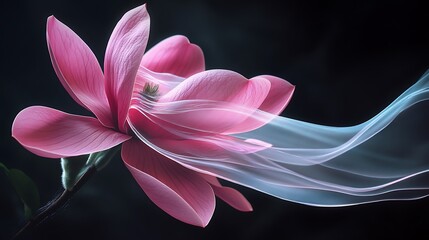 A pink magnolia with its petals gently caressed by a thin flowing veil of silky translucent liquid